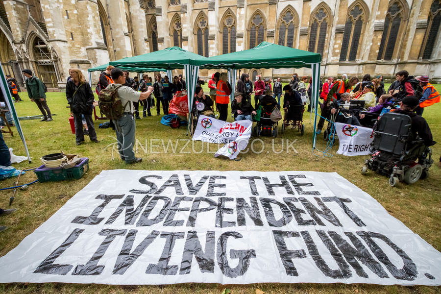 Occupation protest on Westminster Abbey grounds by protesters from Disabled People Against Cuts (DPAC) in London